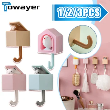 만화 고양이 후크 자체 접착 기숙사 침실 문 행거, 열쇠 우산 수건 모자 코트 랙, 벽 동물 장식 랙