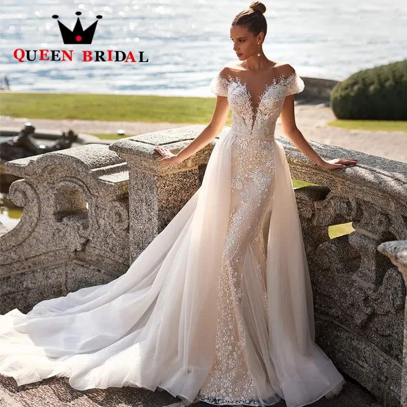 

Exquisite Appliques Beading Wedding Dress Off Shoulder Deep V Detachable Train Mermaid Bridal Gown Vestidos De Novia Custom Y25M