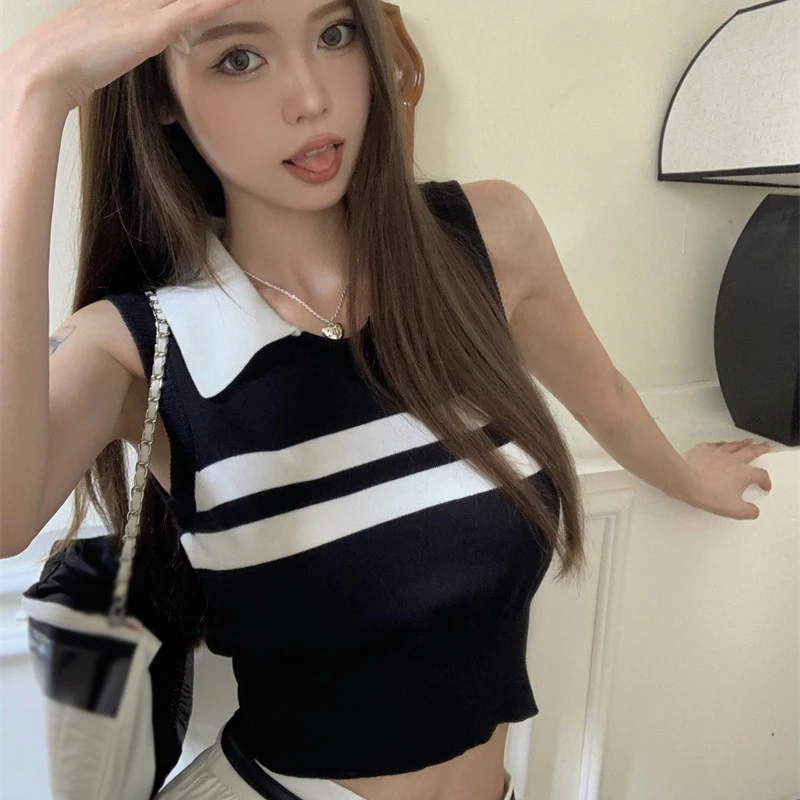 

Универсальный Повседневный трикотажный топ без рукавов в стиле колледжа с контрастными полосками