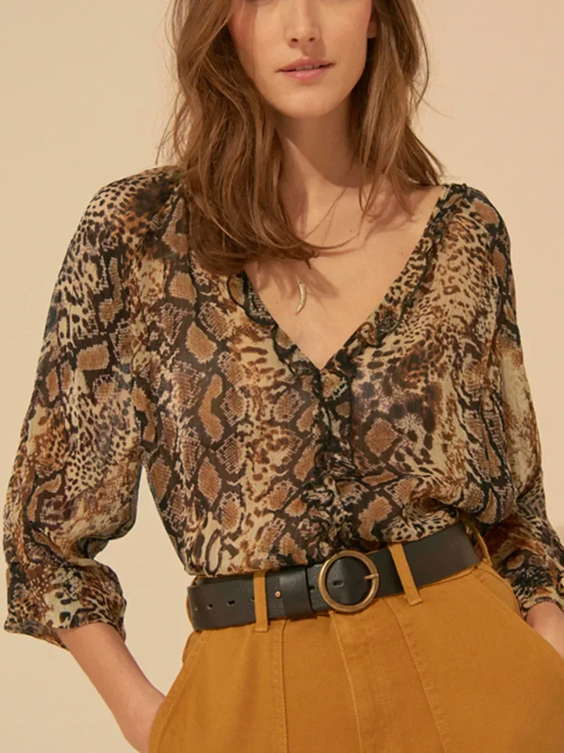 

Thin Shirt for Women 2024 New Leopard Print Ruffles V-neck Loose Vintage Long Sleeve Blouse