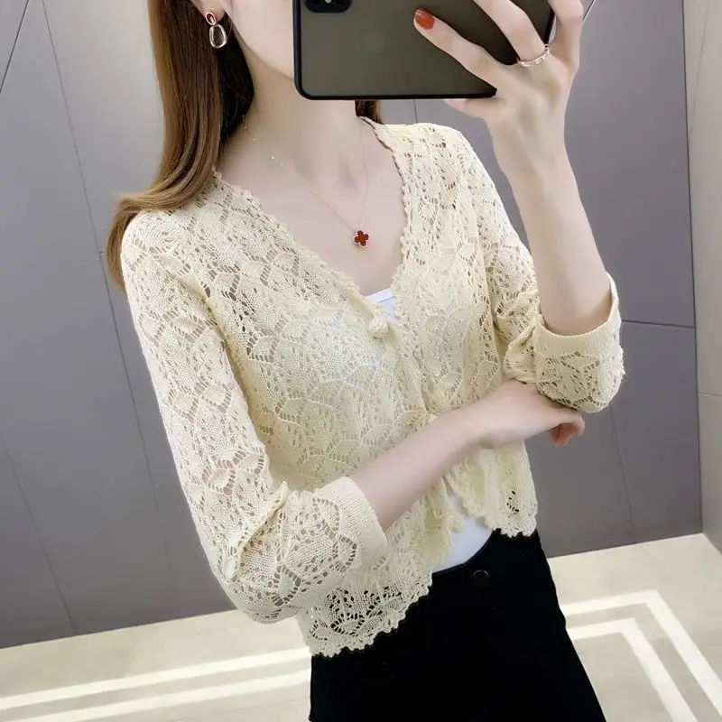 

2024 Three-Quarter Sleeve Waistcoat Shawl Summer Thin Short women Hollow out Ice Silk Knitted Cardigan Outer Tops