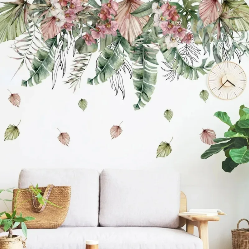 Watercolor Green Leaf Tropical Plant Wall Sticker Living Room Bedroom Wall Corner Decal Pink Leaf PVC Sticker