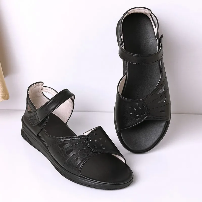 DIMANYU Fish Mouth Sandals Women's Summer 2024 New Real Leather Mom Sandals Soft sole Non-slip Ladies Sandals