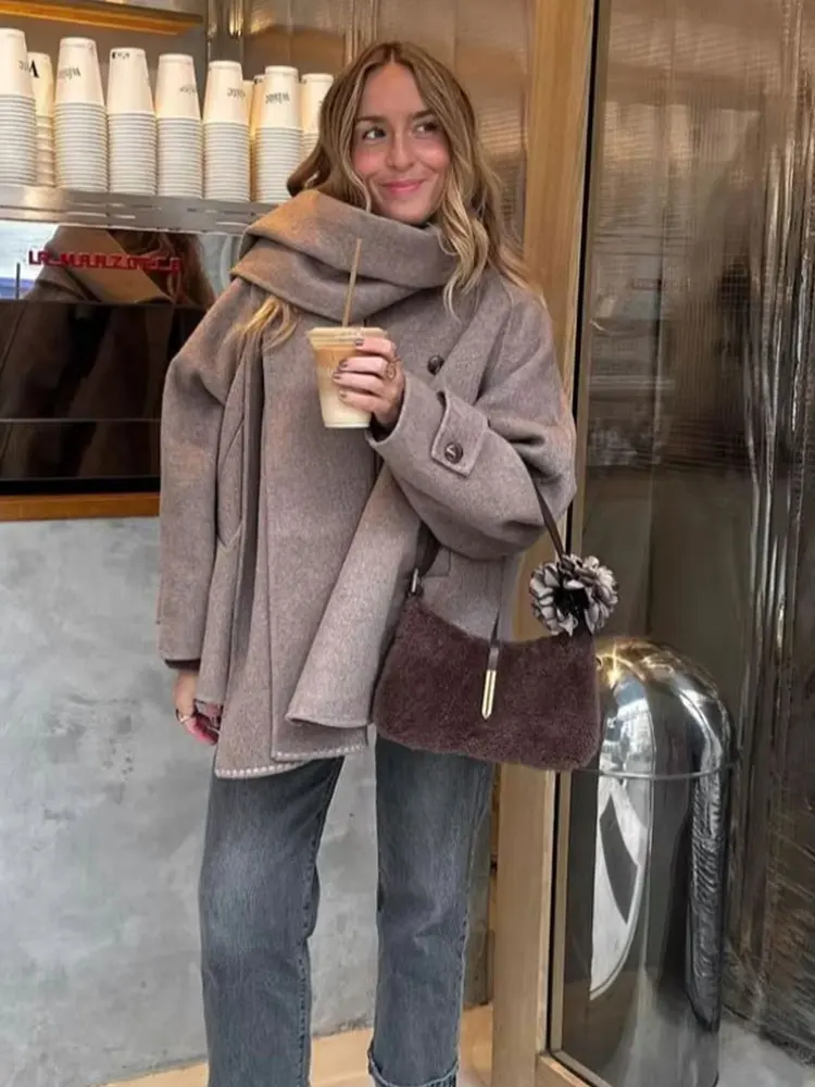 HH Women Elegant Solid Scarf Collar Coat Single Button Long Sleeve Jacket Autumn Winter Fashion High Street Lady Chic Outwear