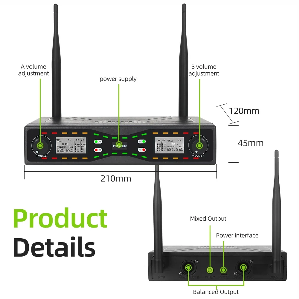 RAYHAYES RUXD8 Wireless Microphone 2 Dual Channel Professional UHF Cardioid Dynamic Handheld Microphone Mic System Karaoke