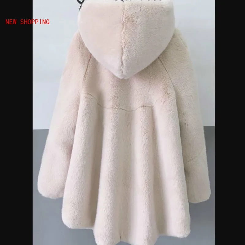 Fashion Casuak Thick Waem Mink Fur Coat Long Sleeve Overcoats Winter New Haining Mid-length Hooded Long-sleeved Mink Coat Female