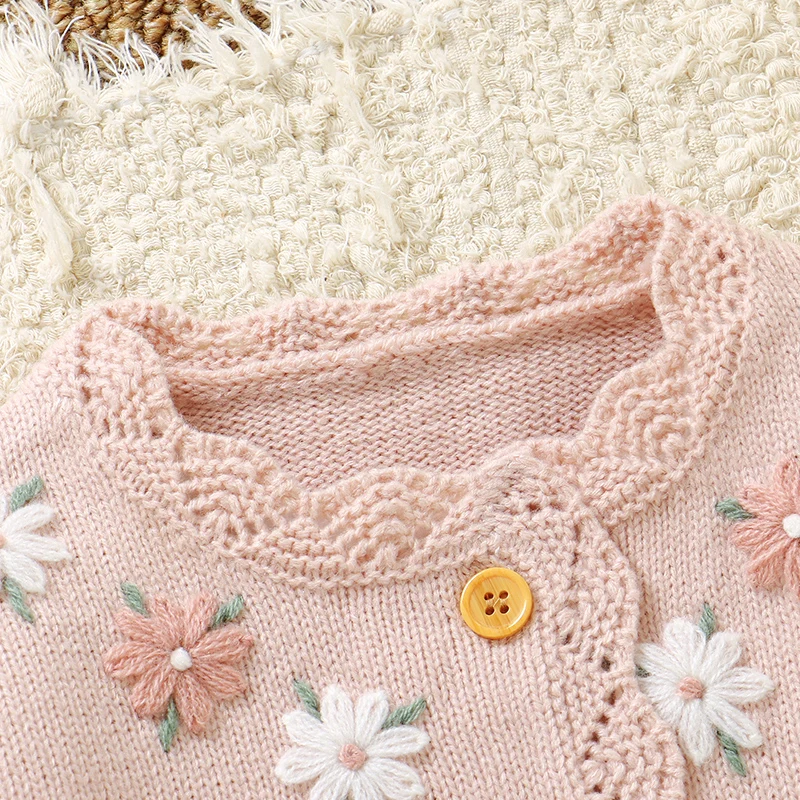 핑크  소녀 꽃무늬 스웨터 가디건 봄 가을 긴 소매  버튼 업 재킷 니트  겨울 외투 코트