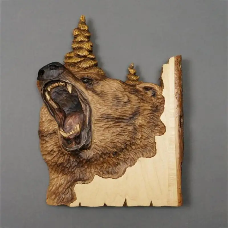 

New Animal Carving Handcraft Wall Hanging Sculpture Dropshipping Wood Raccoon Bear Deer Hand Painted Home Living Room Decoration