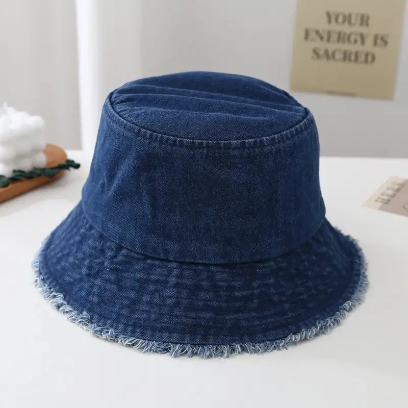Durable Unisex Denim Bucket Hat Frayed Brim Cotton Basin Foldable Casual Fisherman Cap Style for Women and Men Trendy