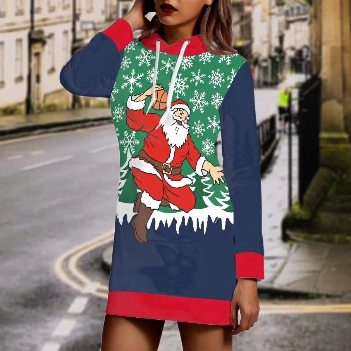 

Santa Claus Basketball Pattern Hoodie Autumn Winter Cozy Women's Fashion Casual Long Sleeve Streetwear Warm Soft Pullover Dress