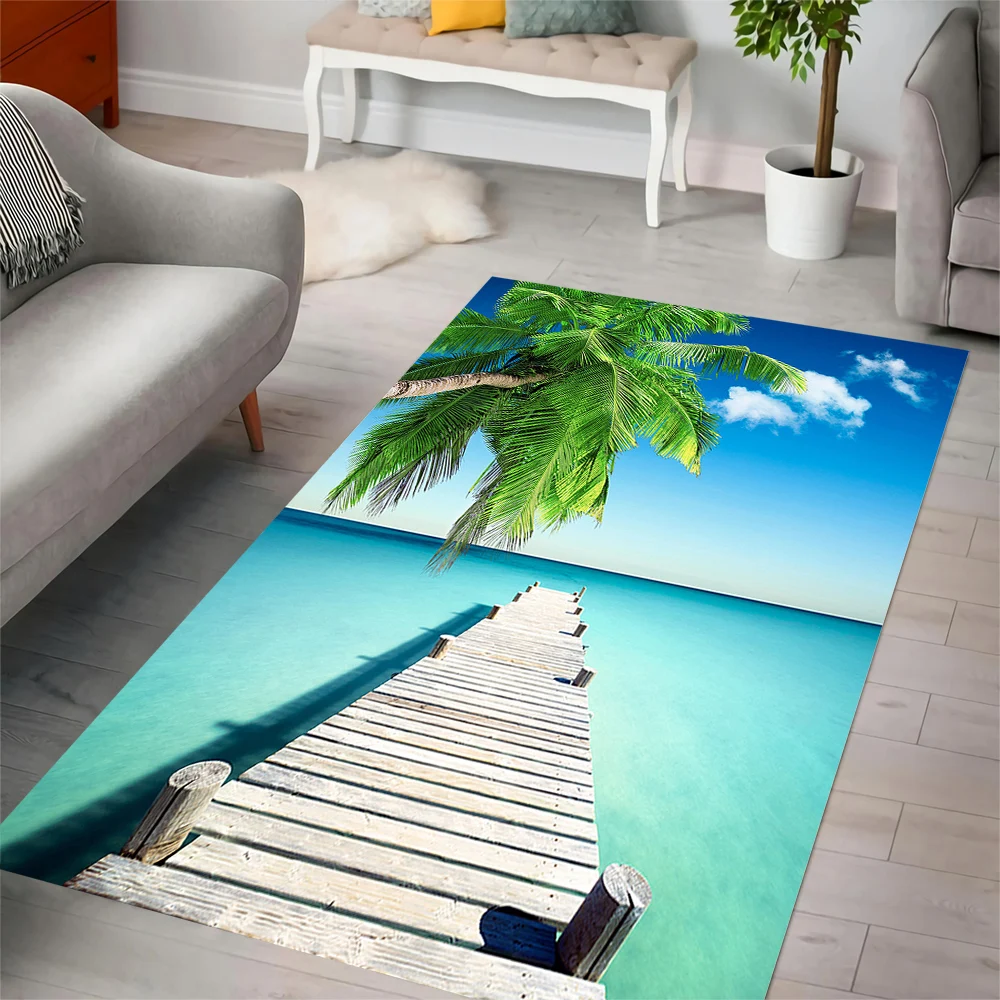 

CLOOCL Fashion Carpet Seaside Pattern Printed Flannel Rug Home Decoration Living Bedroom Hallway Area Rug Non-slip Floor Mat