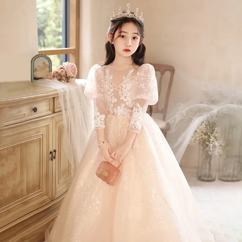 

Princess Quinceanera Evening Dress for Girls Teenage Matching Clothes Kids Bridesmaid Costume Children Sequin Ball Gown Outfit