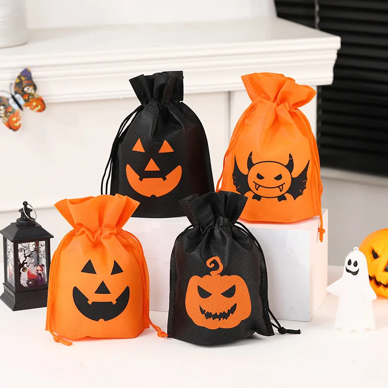 24-2PCS Pumpkin Non Woven Drawstring Gift Bags Trick or Treat Bags Candy Cookie Pouch for Halloween Gift Packaging Decoration