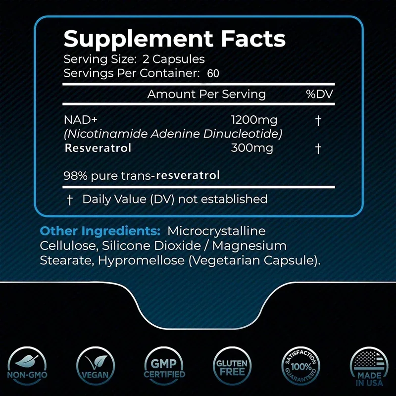 NAD+ Resveratrol Supplements 1500mg Liposomal NAD+ Supplement with Resveratrol Stamina & Healthy Aging Strength Capsules