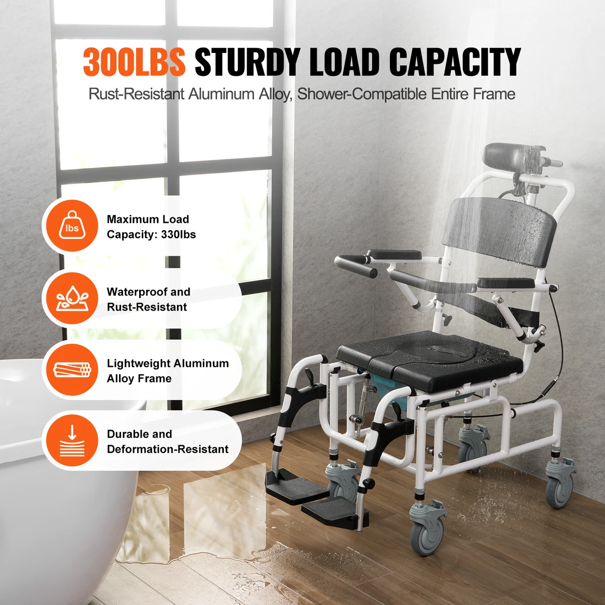 SucceBuy Shower Wheelchair  17.5 in Width Aluminum Alloy Bathroom Wheelchair for Inside Shower for Disabled Adult  300 lbs — view 3