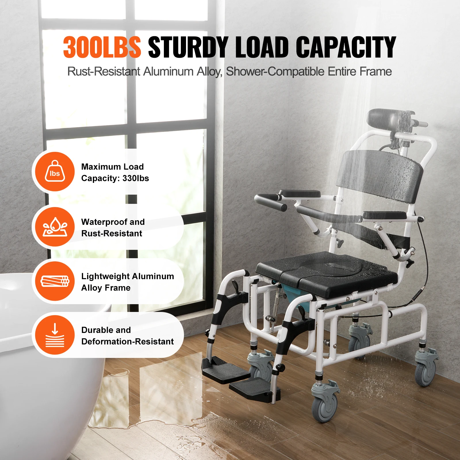 VEVOR Shower Wheelchair  17.5in Width Aluminum Alloy Bathroom Wheelchair for Inside Shower for Disabled Adult  300 lbs Capacity 3