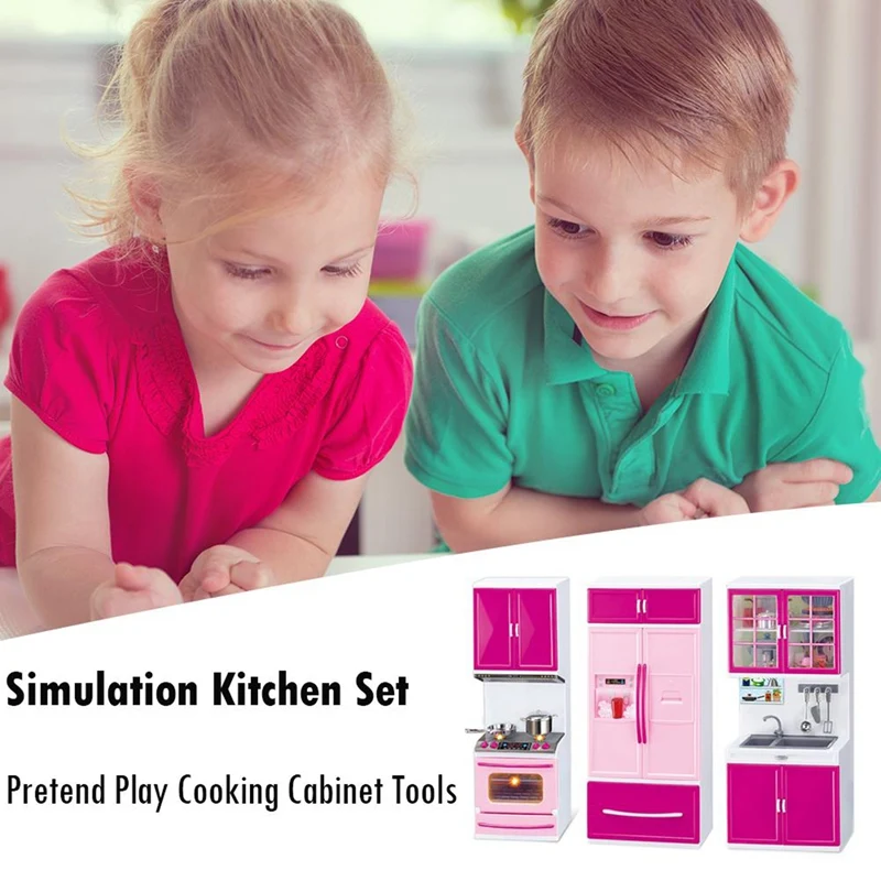 Simulation Kitchen Cabinets Set Children Pretend Play Cooking Tools Mini Tableware Sets Toys Girls Dollhouse Playset 5