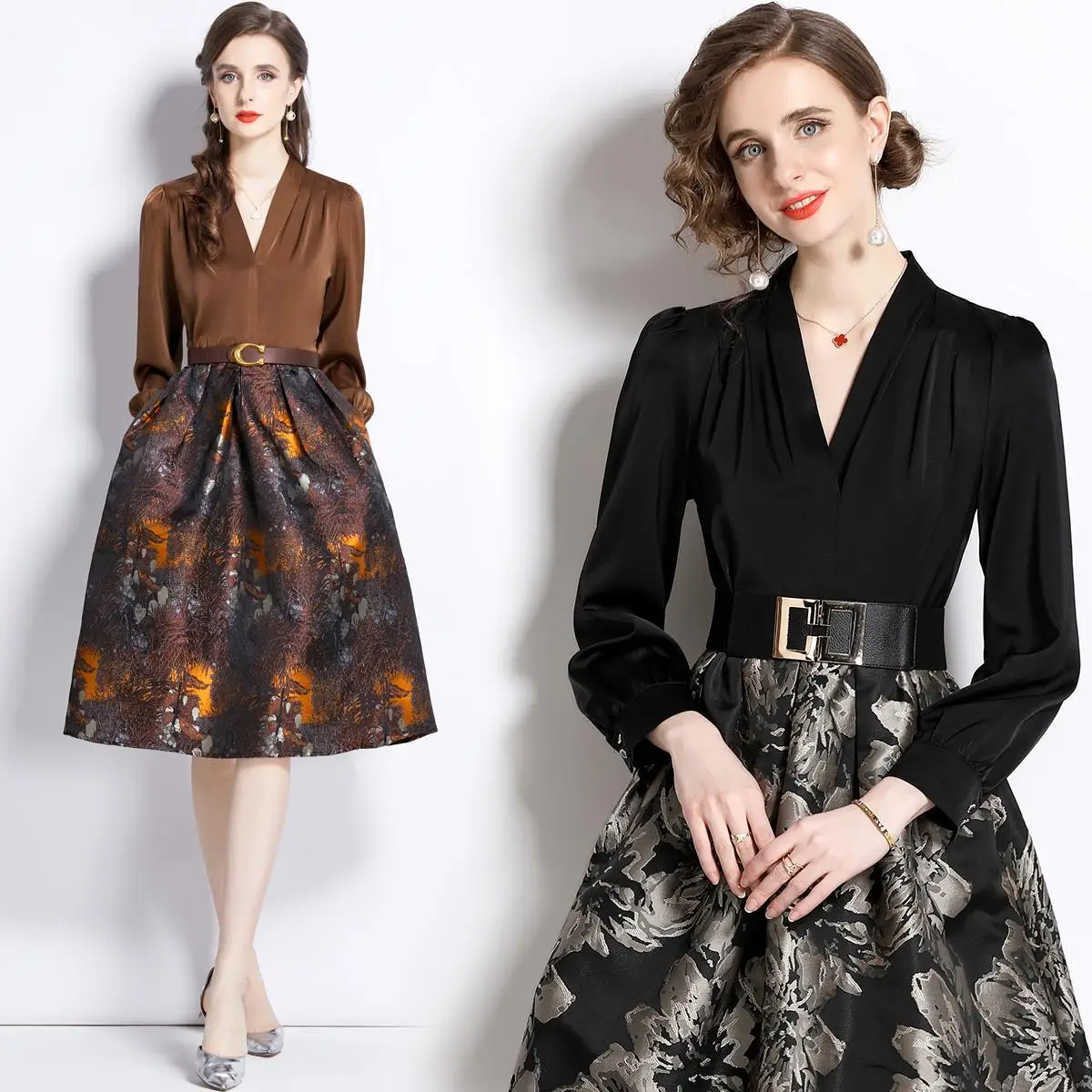 

Женское жаккардовое платье с V-образным вырезом и длинным рукавом