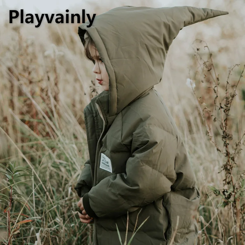 

New Autumn Winter Baby Girl Elf Hat Down Jacket Solid Color Zipper Hooded Thickened Warm Outwear Fashion Children Clothes E23471
