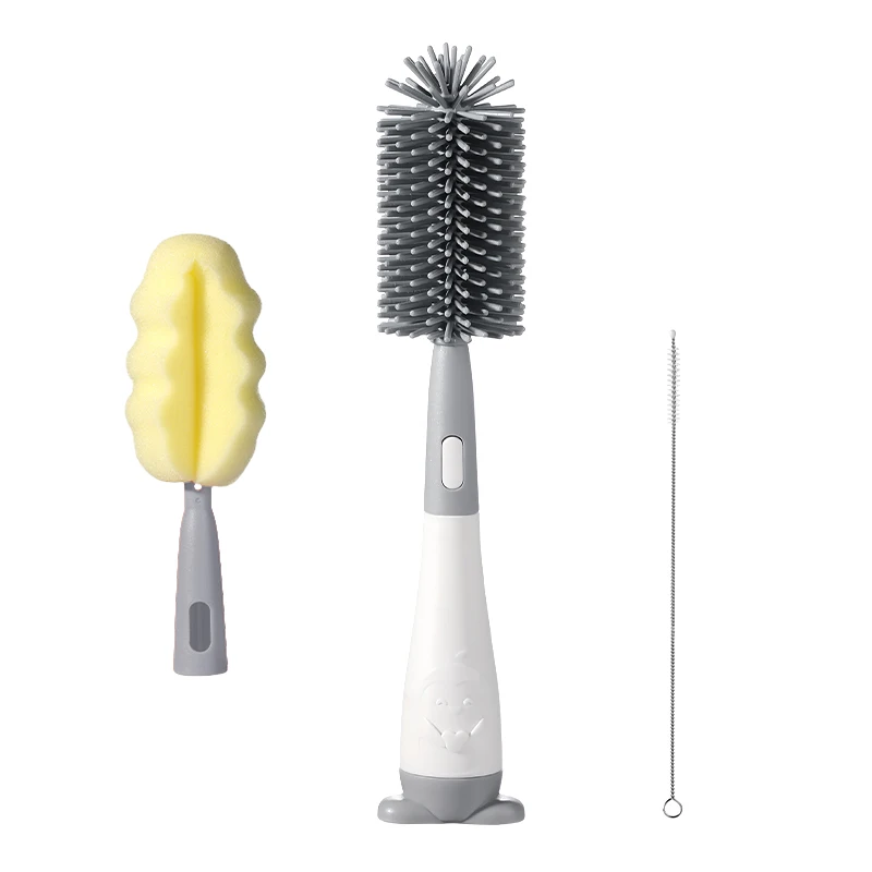 Bottle Brush 3 in 1 Penguin Silicone Baby Bottle Brush Set Stand Hidden Type Nipple & Straw Brush for Bottles Cups Vacuum Flask