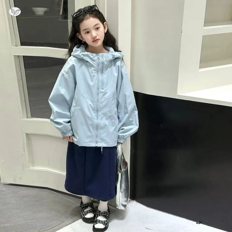 2026 봄 가을 여아 의류 십대 아동 패션 단색 더블 지퍼 후드 윈드브레이커 코트 아동 방수 재킷