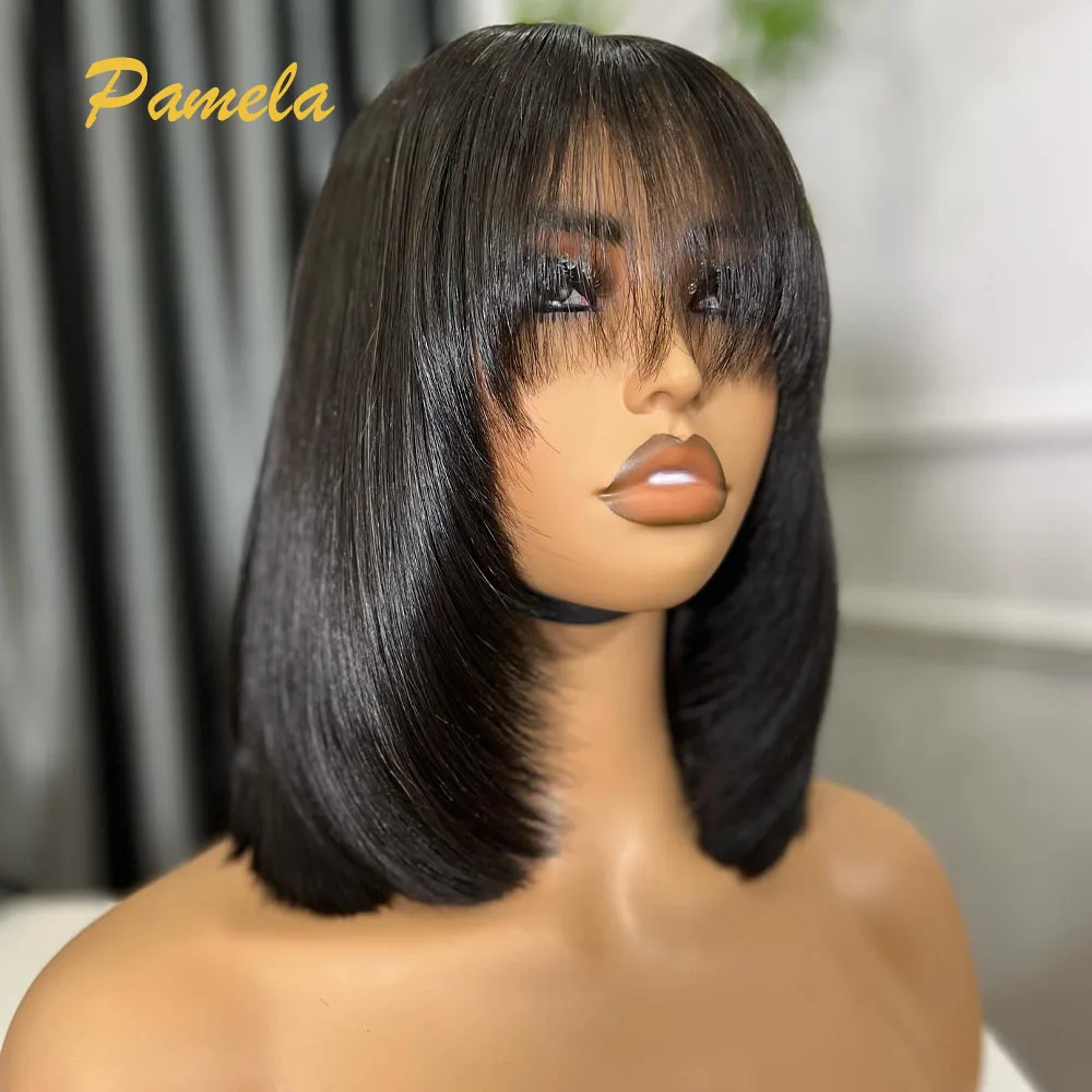 Pixie Cut Short Bob Glueless Wig Human Hair Ready To Wear 250% Density Bone Straight 4x4 Transparent Lace Closure Wig With Bang