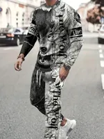 Ensemble pantalon à manches longues et col rond pour hommes, imprimé lion personnalisé, respirant, à la mode, vêtements d'extérieur de rue, été 1