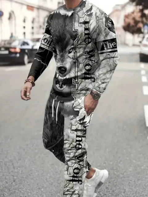 Ensemble pantalon à manches longues et col rond pour hommes, imprimé lion personnalisé, respirant, à la mode, vêtements d'extérieur de rue, été 1