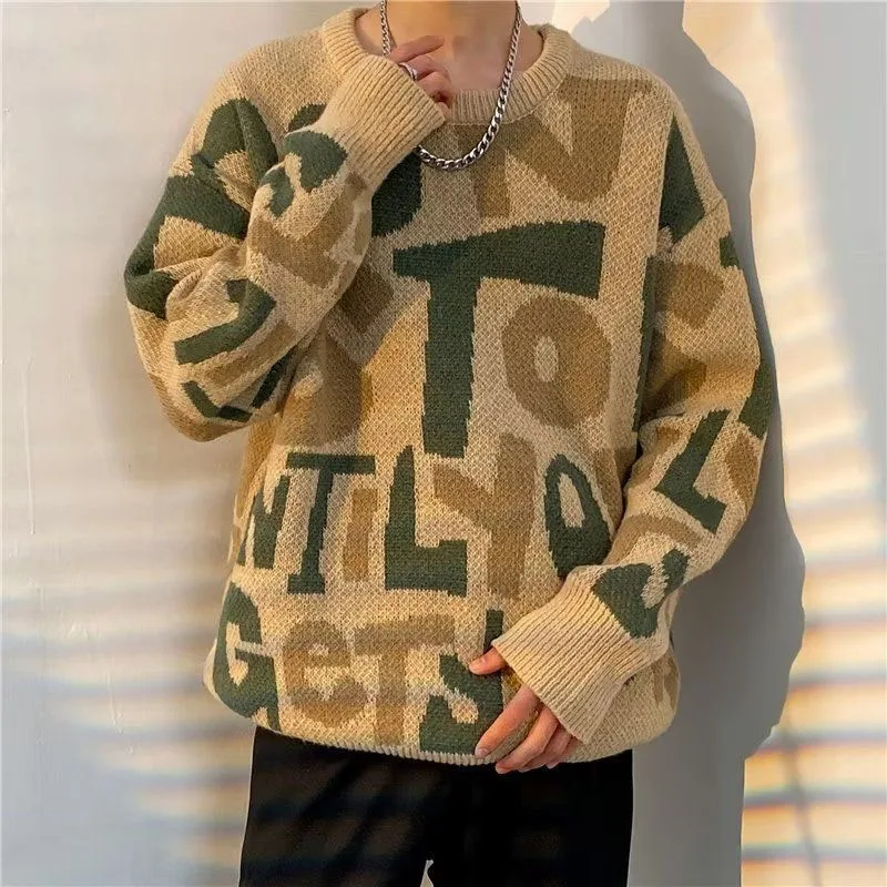 New Autumn and Winter Fashion Trend Retro Casual Round Neck Knitted Thickened Print Versatile Long Sleeve Men's Sweater Coat