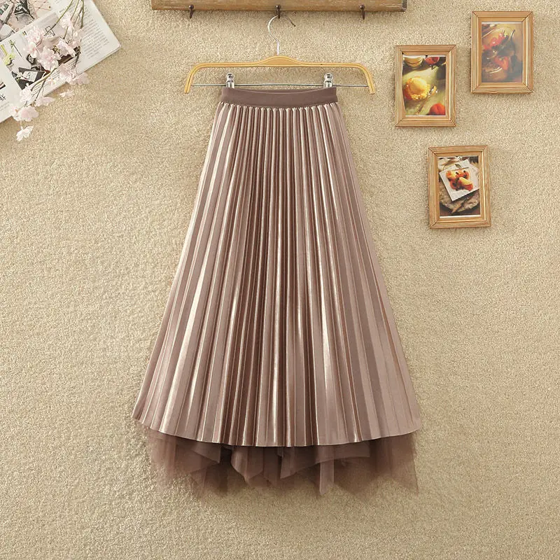 여성 신축성 허리 활 거즈 폴드, 언밸런스 하이웨이스트 슬림, 중간 길이 A라인 스커트, 한국 패션, 여름 신상 