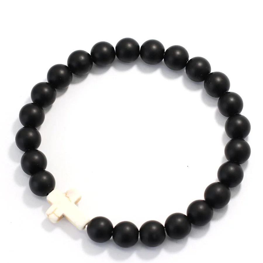 Men Onyx Stone Cross Bracelet 8mm Strand Beach Casual Accessories