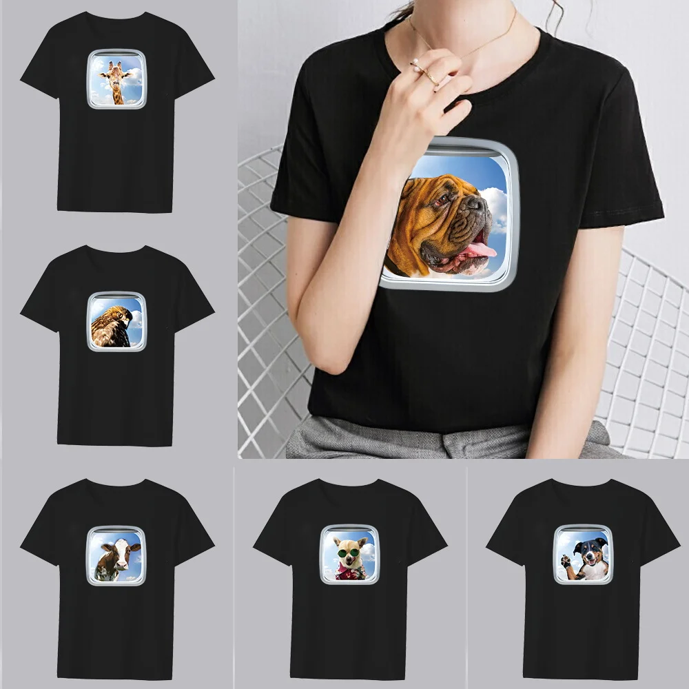 

New Black Round Neck Short Fashion Commuter Summer Leisure Animal Series Printed Pattern Women's Sleeve Comfortable Top T-shirt