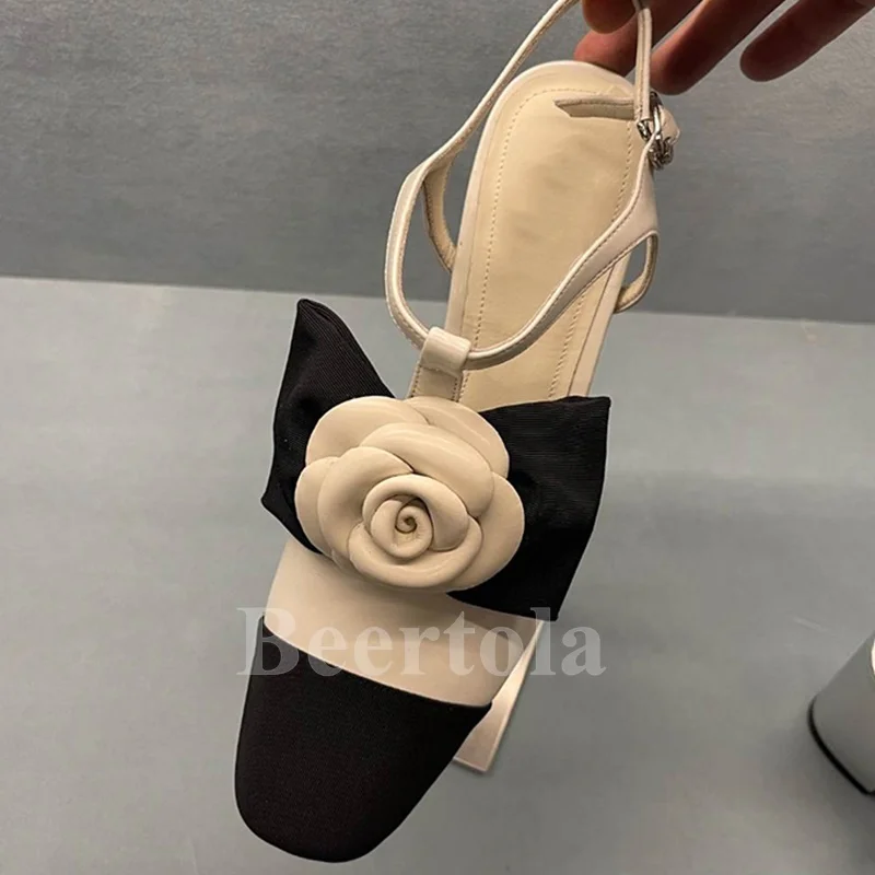 

Elegant Bow Camellia Decor Sandals Woman Chunky Heels Round Wrapped Toe High Heels Ladies Ankle-Strap Sexy Banquet Dress Shoes