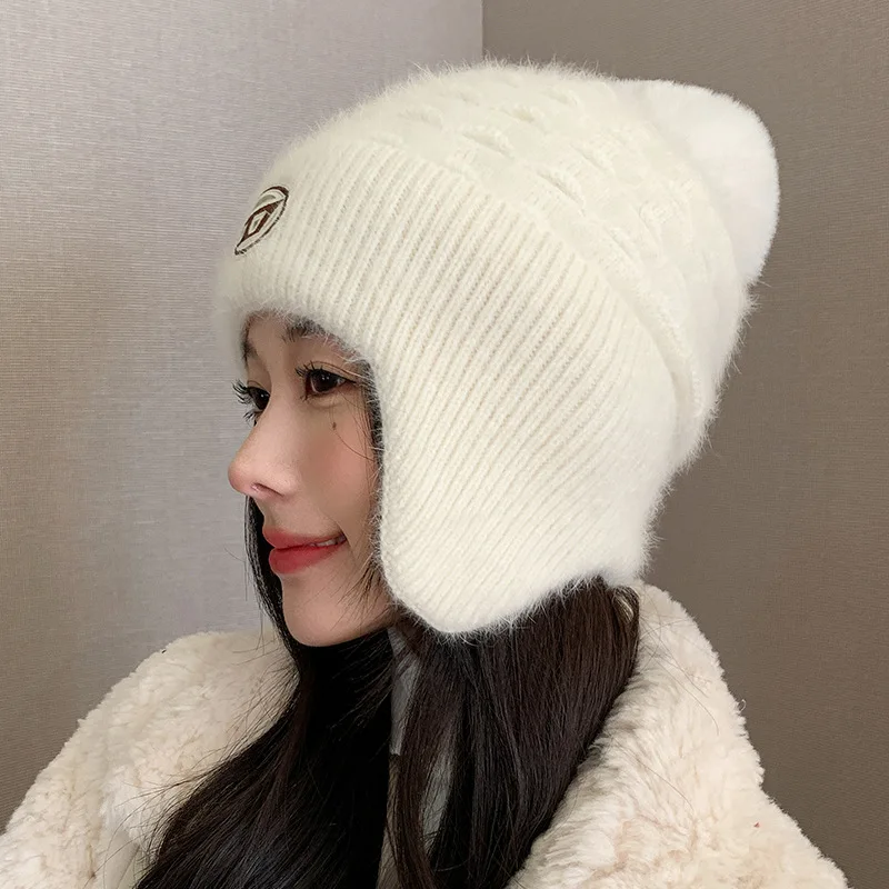 Winter Knit Wool Ear Protection Hats for Women Warm Thicken Plush Lining Beanie Cap with Earflap Outdoor Female Earmuff Hats 2