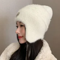Winter Knit Wool Ear Protection Hats for Women Warm Thicken Plush Lining Beanie Cap with Earflap Outdoor Female Earmuff Hats 2