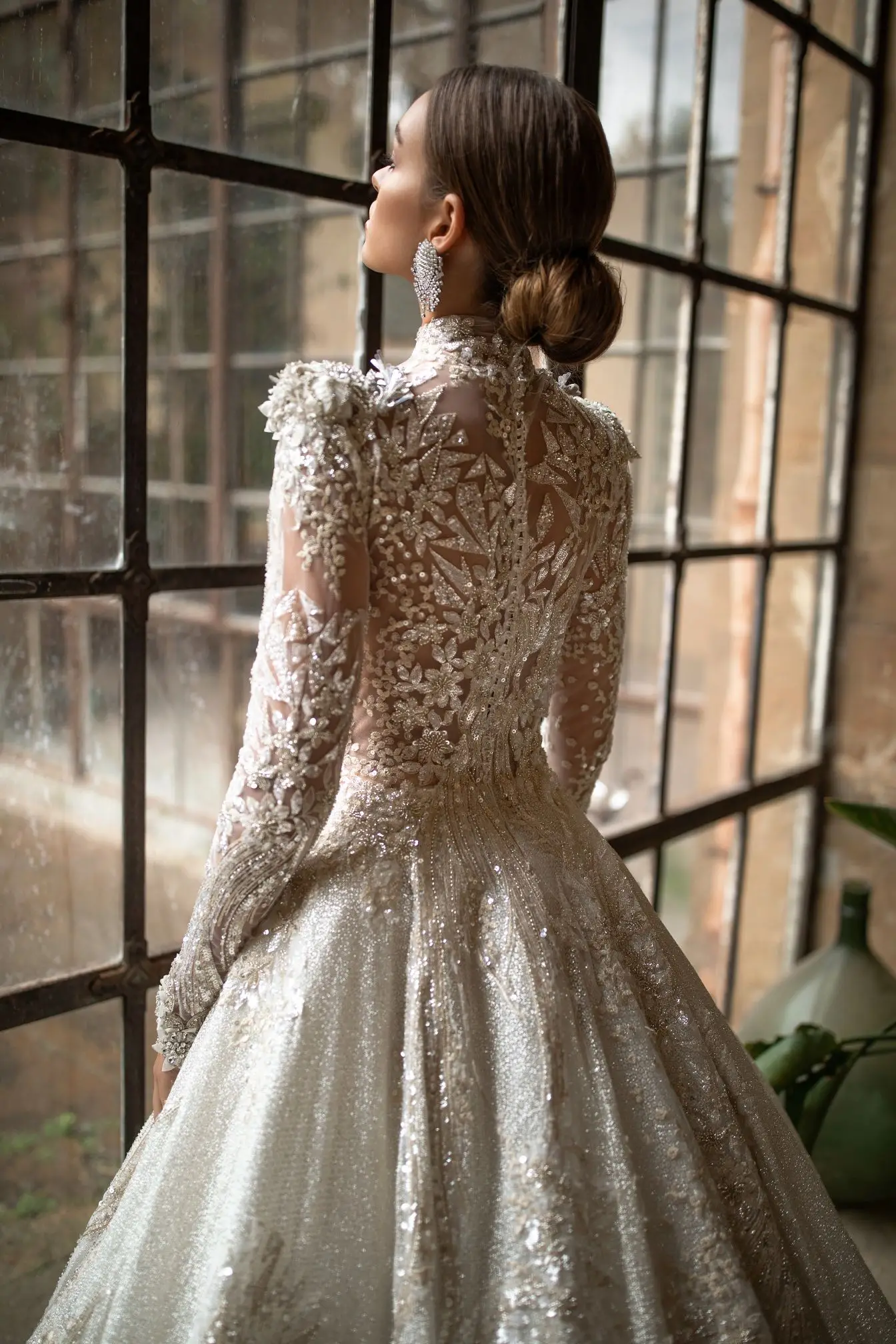 

Luxury Bling Sequin Lace Ball Gown Women Wedding Dresses 2022 Romantic High Neck Long Sleeves Bridal Gowns Vestido De Noiva