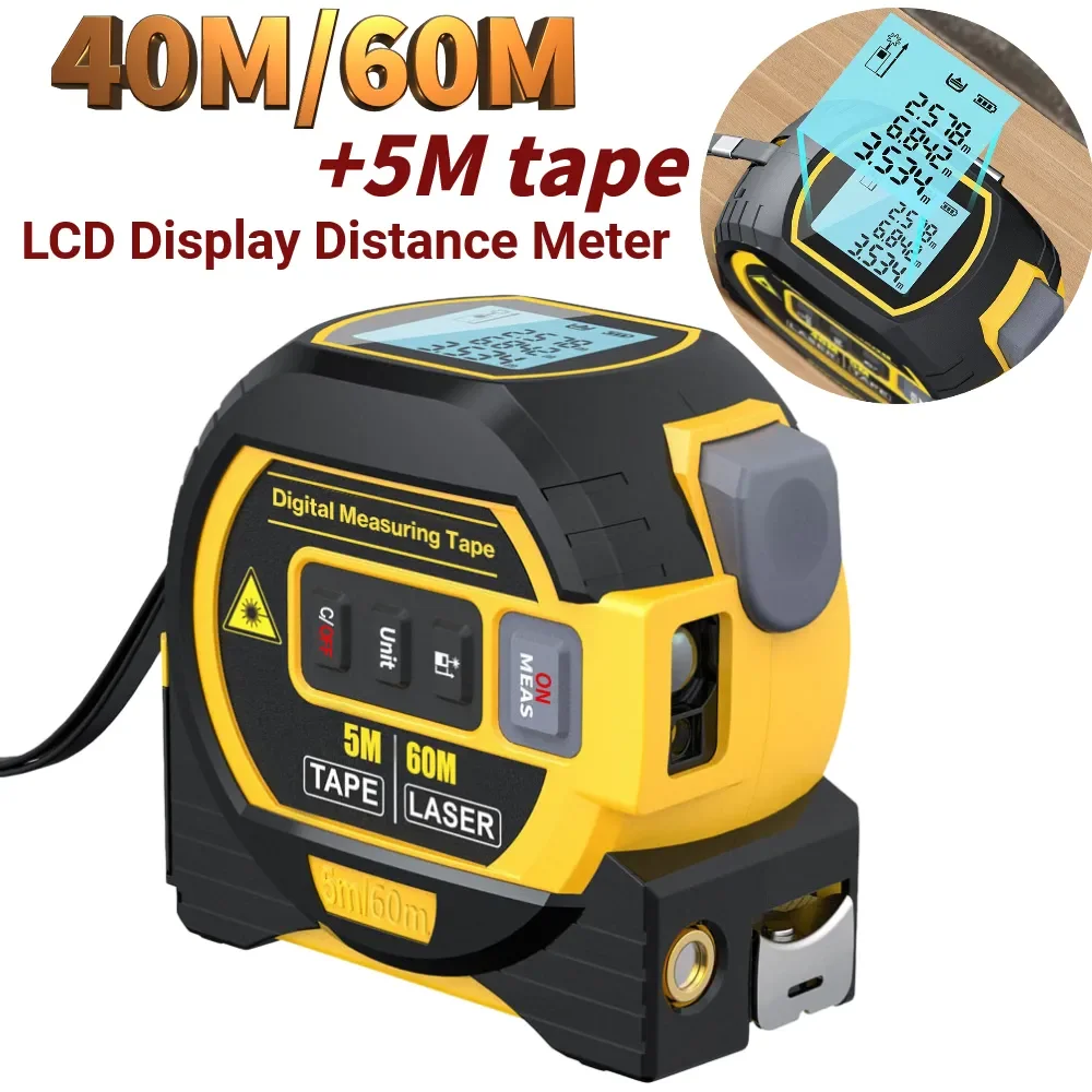 3in1 Laser Rangefinder 5m Tape Measure Ruler LCD Display Distance Meter Measurement Device Area Volumes Surveying Equipment