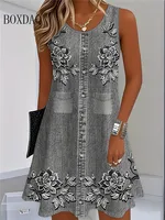 Women Summer Sleeveless Bohemian Dress Fashion Imitate Cowboy Vest Flowers Print Dress Casual Tank Beach Dresses For Women