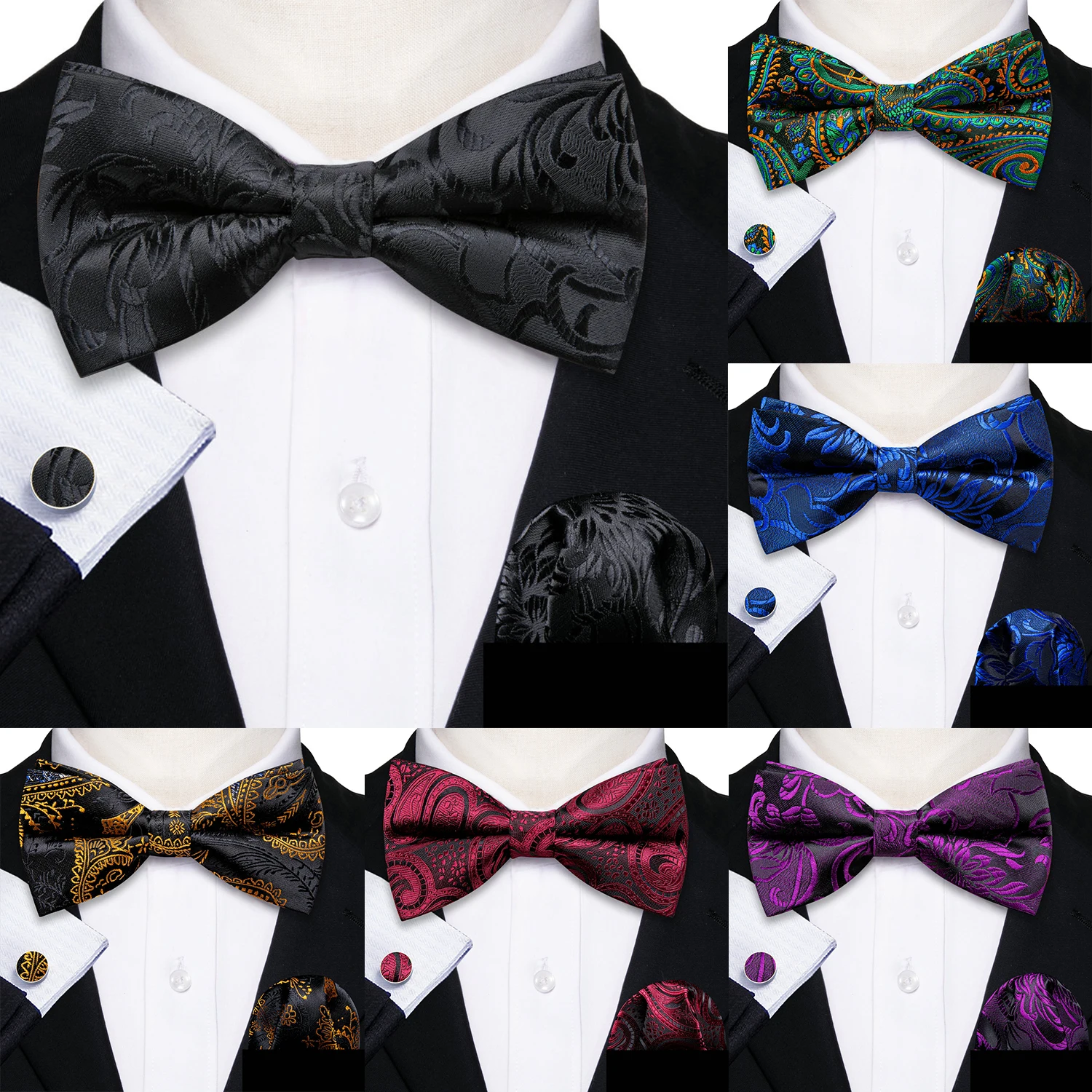 

Brand Silk Men Bow Tie Set Pre-Tied Butterfly Knot Bowtie Hanky Cufflinks Jacquard Floral Paisley Male Wedding Business Party
