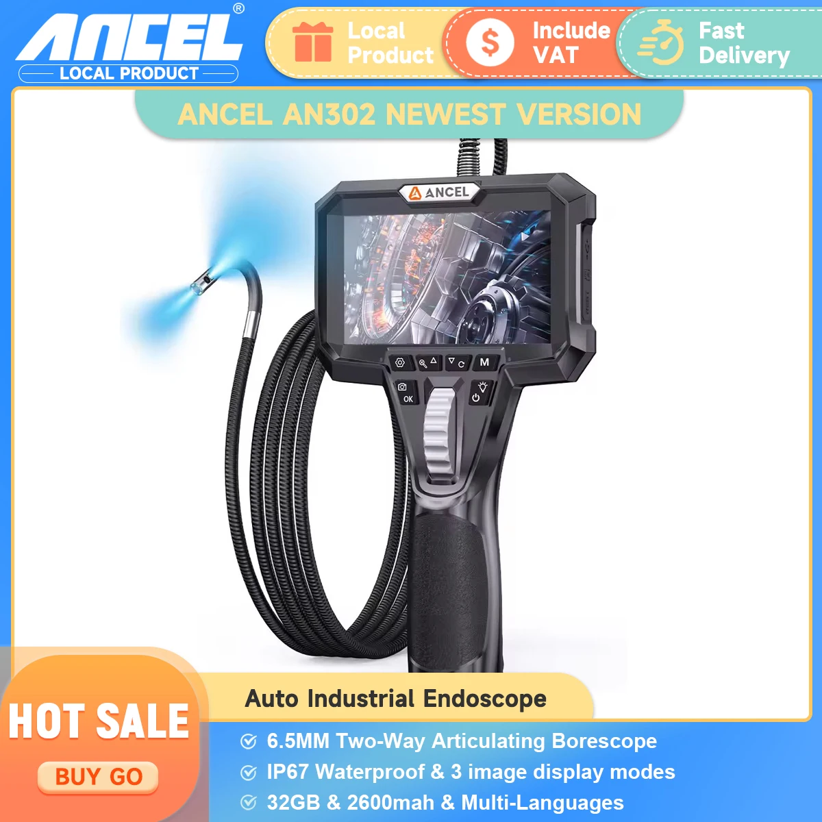 ANCEL AN302 6.5mm Lens Pipe Sewer Endoscope 7 LED Lights Dual Camera Two-Way Articulating HD Borescope Car Inspection Tools