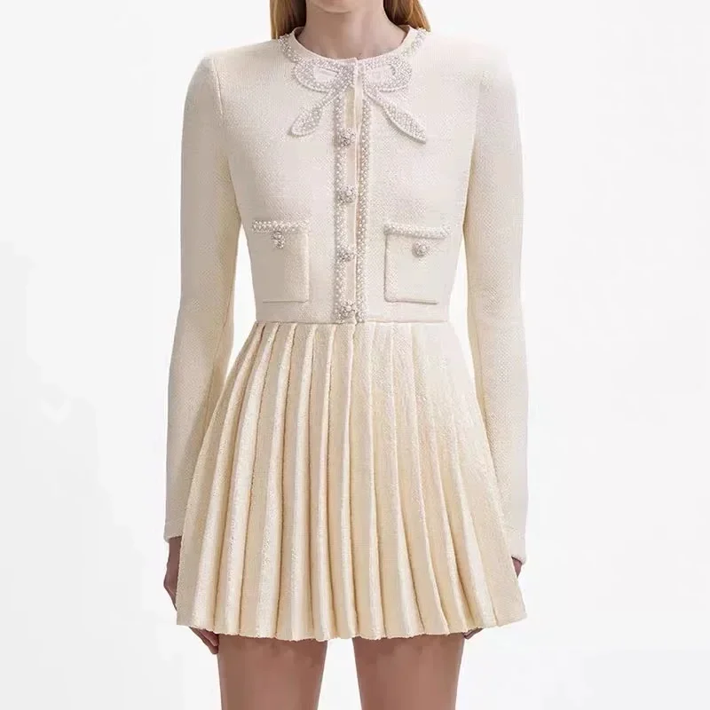 

Women Pearl Bow Decoration Pockets Long Sleeve Pleated Hem Mini Dress