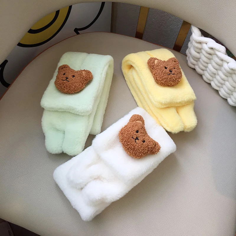 Cartoon Bear Baby Plush Scarf Winter Faux Rabbit Fur Thick Cross Scarves Cute Korean Kids Boys Girls Warm Neckerchief