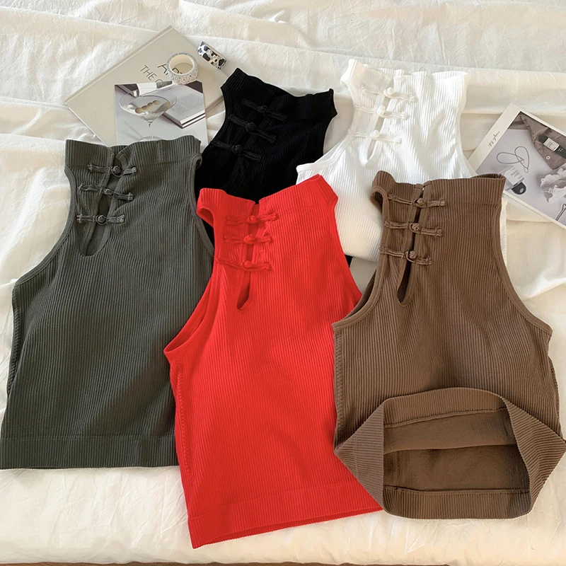 ITOOLIN Elegant Women Chinese Button Tank Tops With Bra Pad O-Neck Sleeveless Tank Tops For Women Sexy Crop Tops All-Match 2024