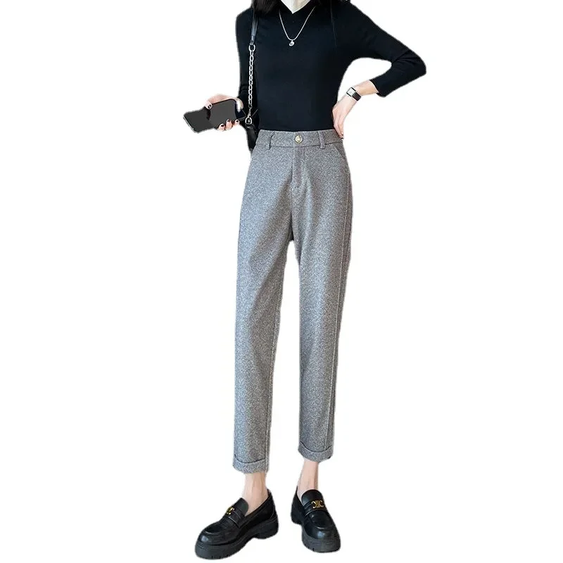 High-waisted Tweed Straight Pants 2023 Autumn/Winter New Women' S Pants Loose Casual Herringbone Warm Thickened Cropped Pants