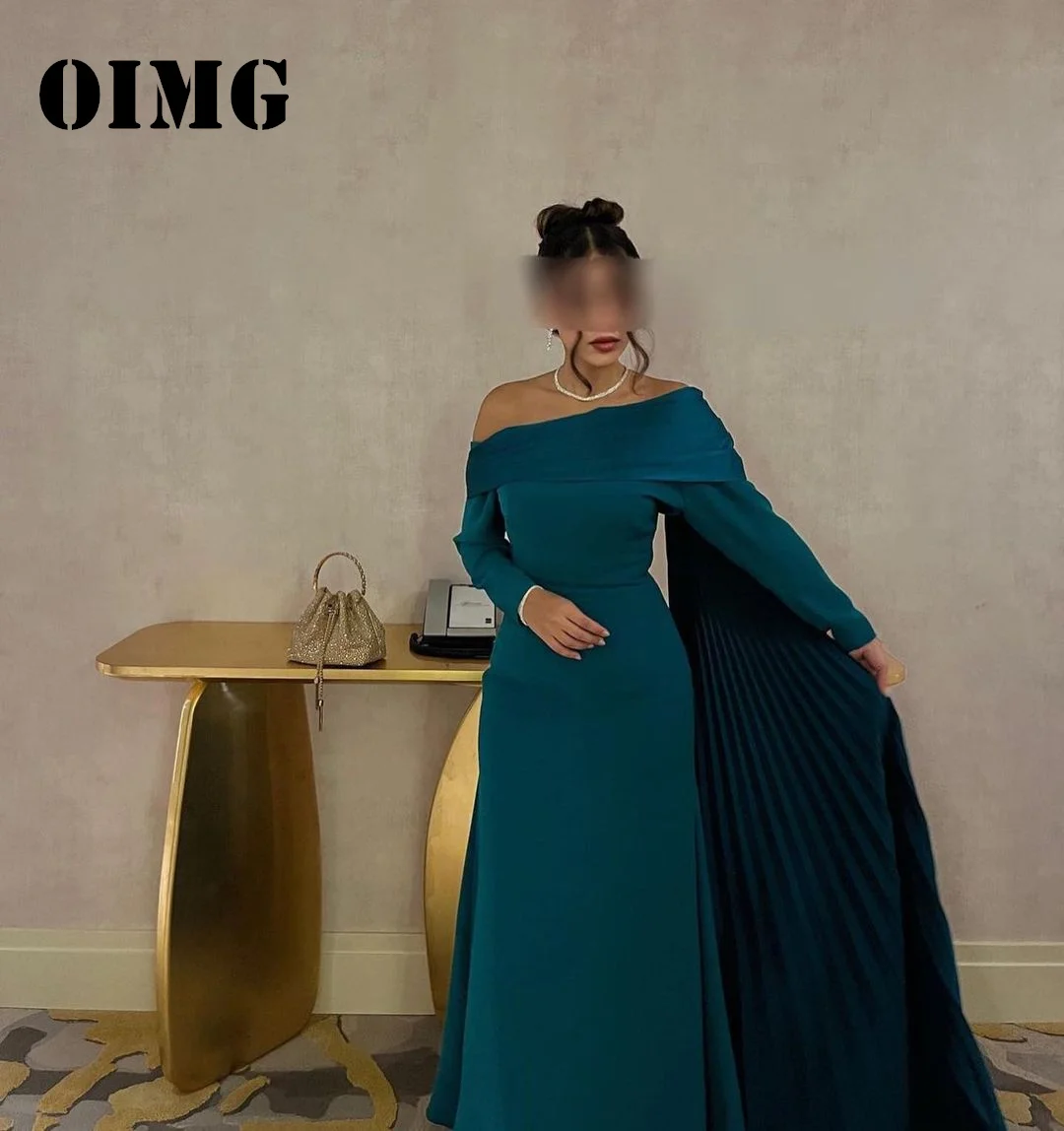 

OIMG New Design Green Pleated Prom Dresses Cape Sleeves Saudi Arabic Satin Ruched Mermaid Women Evening Gowns Formal Party Dress