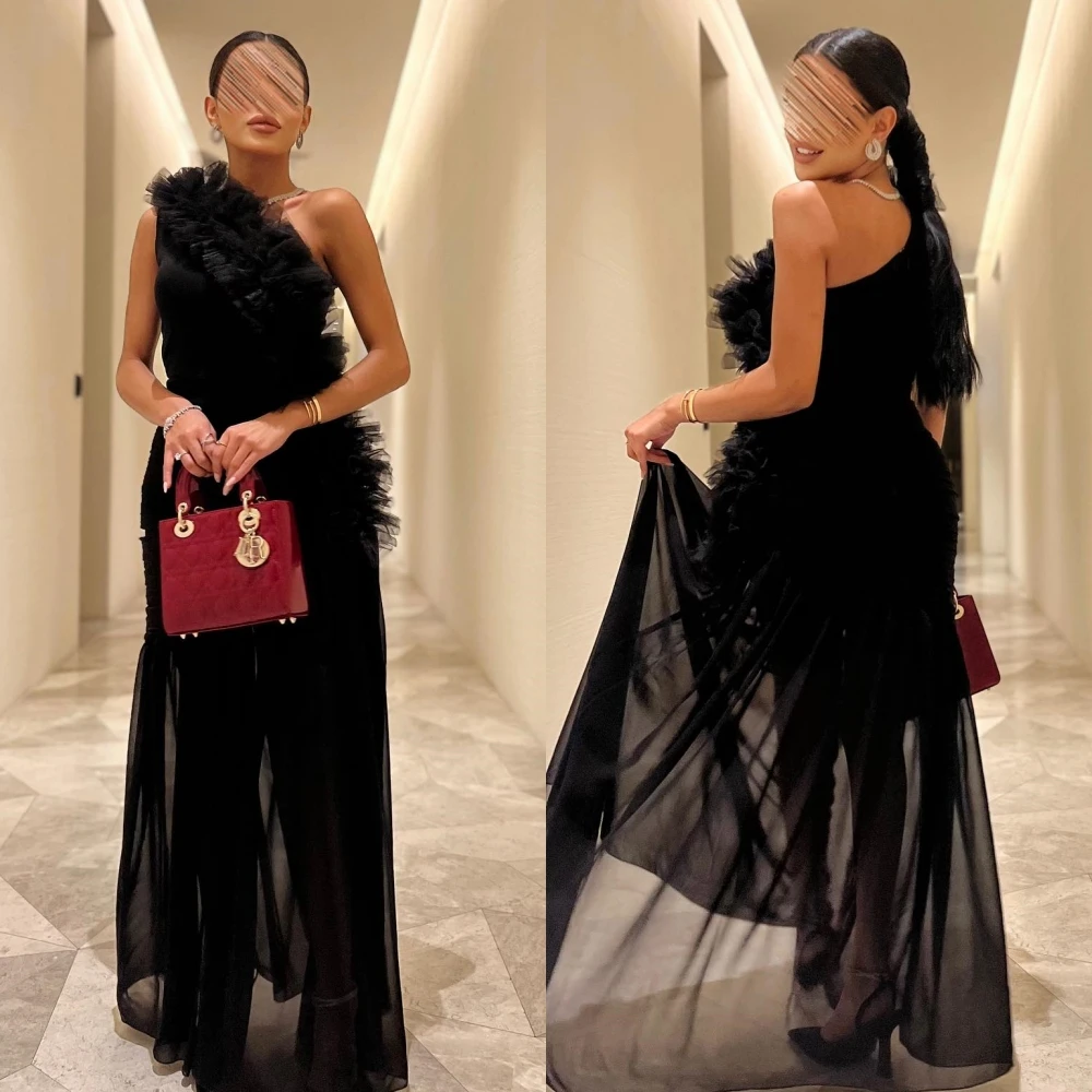 

Fashion High Quality One-shoulder Sheath Cocktail Dresses Tassel Tulle Anke length Skirts Chiffon Evening فساتين