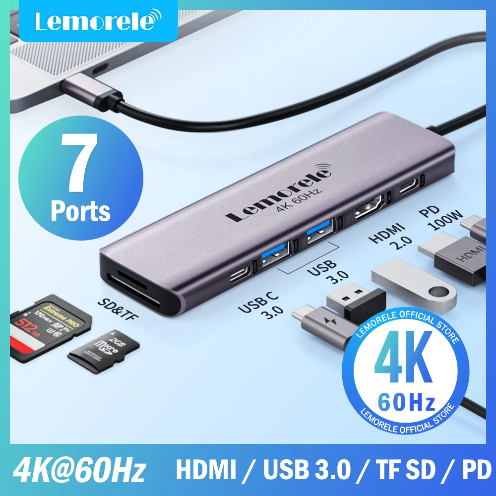 Lemorele 맥북 프로 노트북 액세서리용 USB 허브 도킹 스테이션, USB c 허브, HDMI 4K 60Hz, USB 3.0 어댑터, PD100W 충전, 7 인 1 