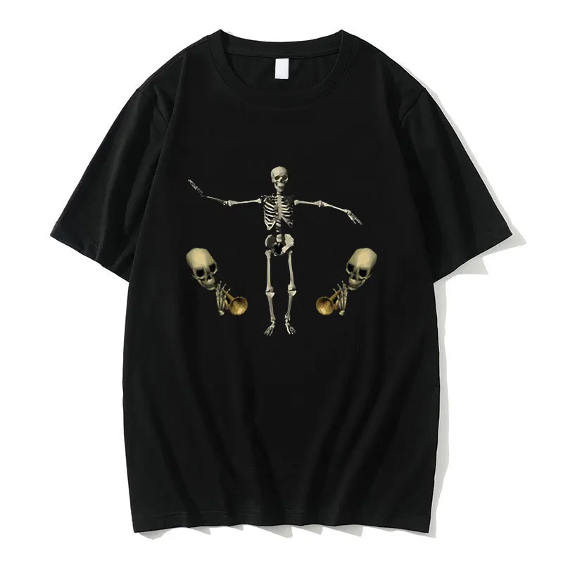

Spooky Dancing Bone Man with Trumpets Meme T-shirt Funny Skeleton Graphic Tshirt Men Women Fashion Vintage Pure Cotton T Shirts