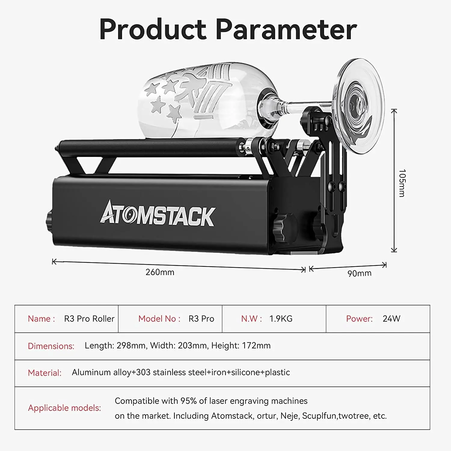 Upgraded Atomstack R3 Pro Rotary Roller With Separable Support Module And Extension Towers Laser Engraving Machine
