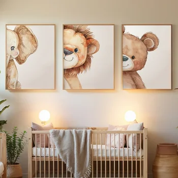 Dipinto su tela con animali carini, elefante, orso, leone, scimmia, tigre, volpe, poster ad acquerello, immagine artistica da parete per la decorazione della parete della cameretta dei bambini